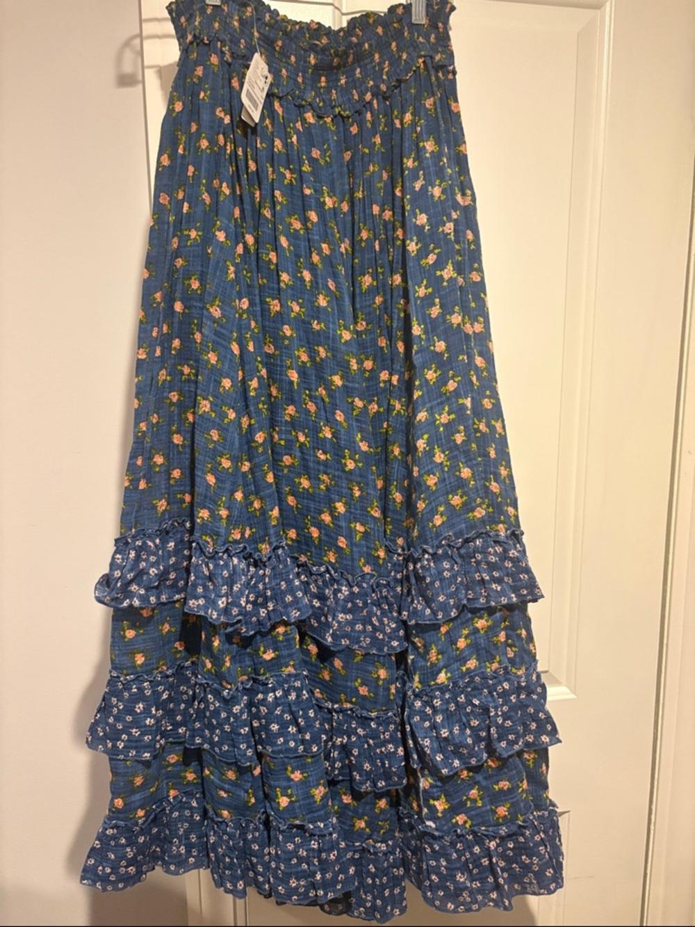 Free People Blue Floral Ruffle Maxi Skirt